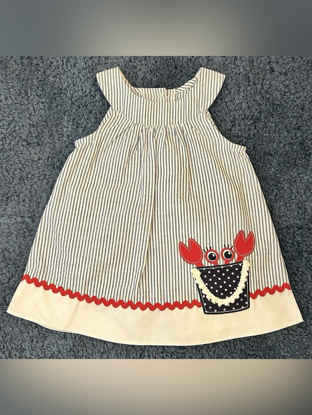 Starting Out Infant Girl 6M Blue/White Striped Crab Patch Seersucker Dress NWOT